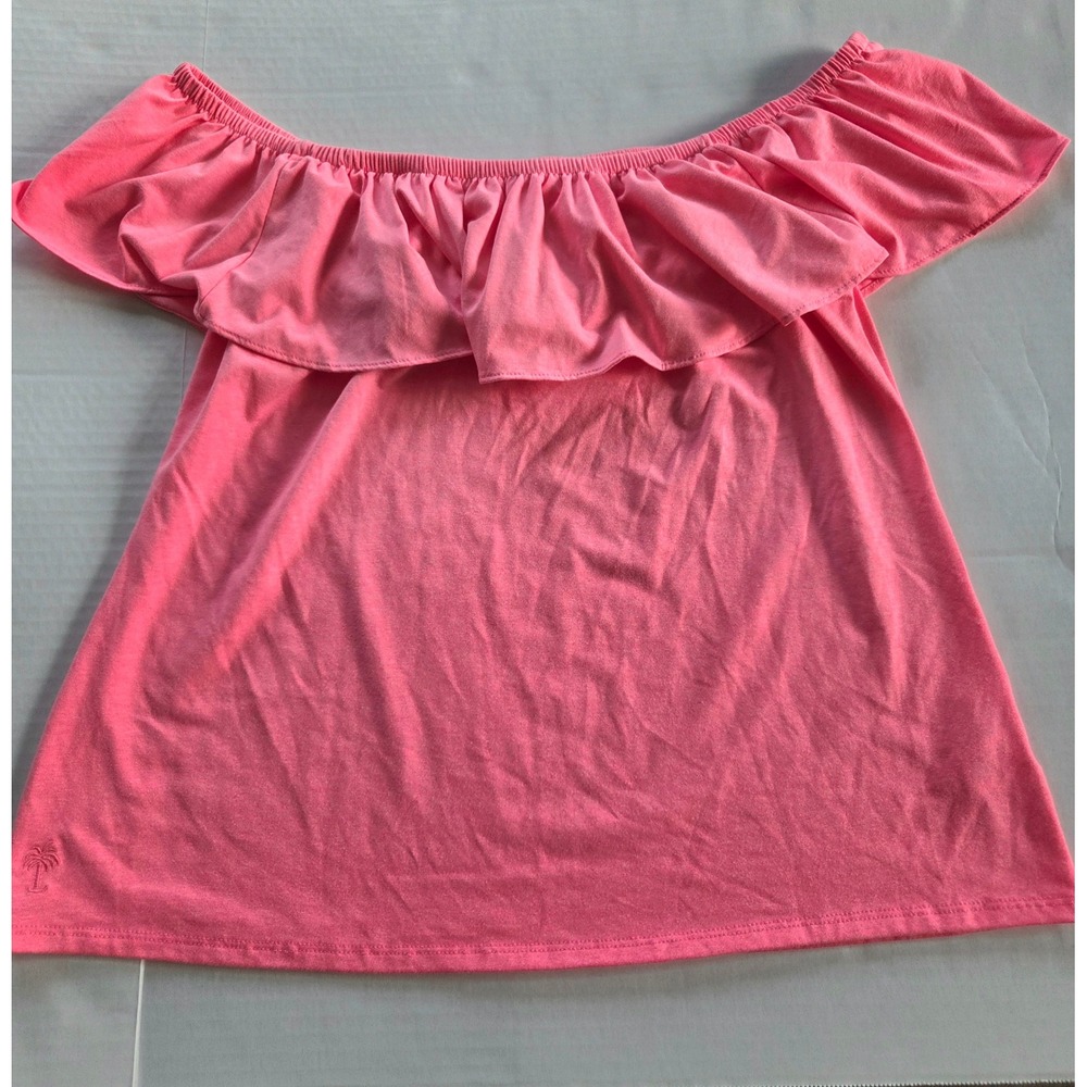Lilly Pulitzer Ruffle Top Women Large Pink Off The Shoulder Palm Tree Cotton